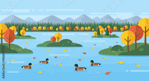 Autumn landscape with ducks swimming on a lake surrounded by colorful trees and distant mountains.