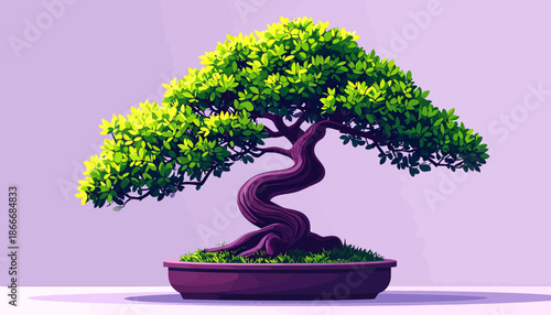 Artistic Bonsai Tree with Lush Green Foliage and Twisted Trunk.