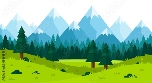 Illustration of a scenic mountain landscape with green hills, pine trees, and distant blue peaks.
