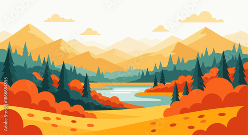 Colorful autumn landscape with mountains, river, and vibrant forest scenery.