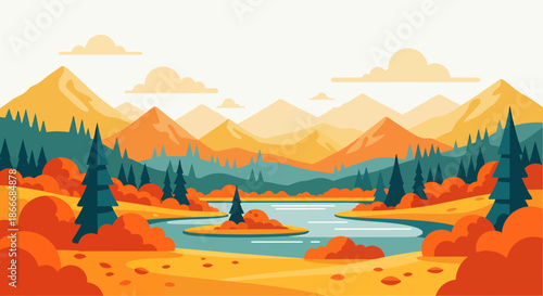 Colorful autumn landscape with mountains, river, pine trees, and orange foliage in scenic nature view.