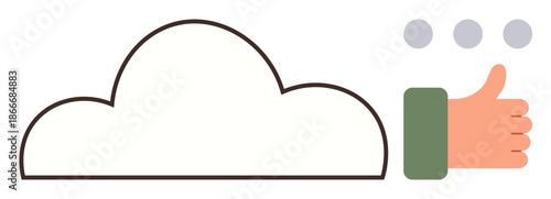 Cloud computing, data storage, user feedback, approval, technology, digital services. A cloud icon with a thumbs-up symbol and dots. Cloud computing and user feedback