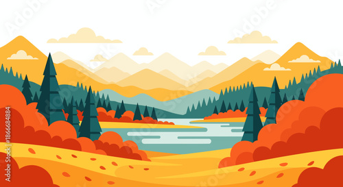 Colorful autumn landscape illustration with mountains, river, pine trees, and vibrant foliage in the foreground.