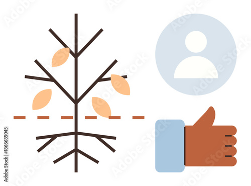 Decision-making, planning, business strategy, approval, user interaction, management. Tree structure with leaves, user profile thumbs-up symbol. Decision-making and planning conceptually