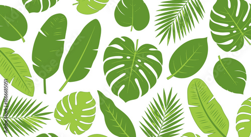 Seamless pattern of various tropical green leaves on a white background.
