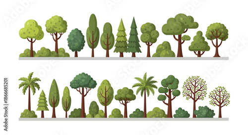 Various types of cartoon trees and shrubs in a row on a white background illustration.