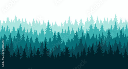Silhouette illustration of a dense evergreen forest with layered pine trees in gradient shades.