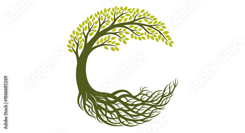 Artistic tree illustration forming a circular shape with green leaves and visible roots.