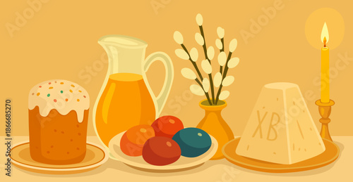 Orthodox Easter dinner. Vector illustration