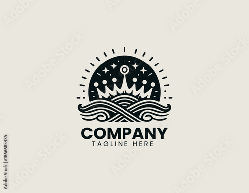 Black royal crown icon is placed above ocean waves symmetrical. Graphic design concept