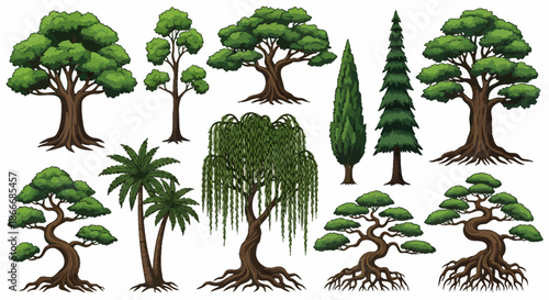 Collection of various illustrated trees including pine, willow, palm, and bonsai on a white background.