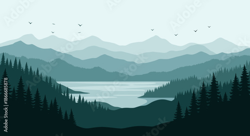 Serene mountain landscape with pine trees and a calm lake in the foreground at sunrise.