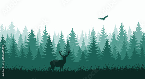 Silhouette of a deer and bird in a dense coniferous forest landscape at dawn.