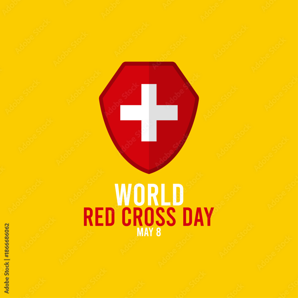 Obraz premium World red cross day. May 8. Red cross shield on a yellow background. Flat design vector illustration. Poster or banner.