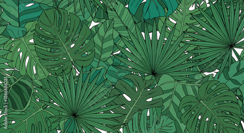 Seamless pattern of tropical green leaves with detailed natural textures.