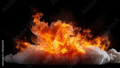 Volumetric Fire Explosion Burst Featuring Realistic Flames Soft Fire Clouds And Cinematic Lighting Perfect For Overlay And Stock Design Isolated On A Transparent Or White Background