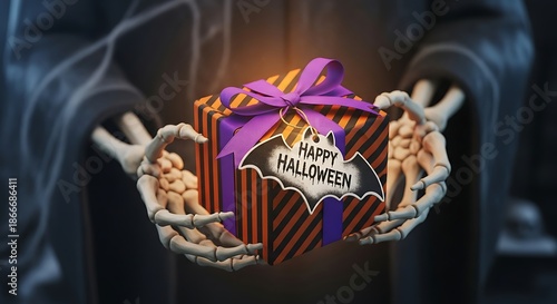 Happy Halloween Gift: The spooky hands hold a festive gift, wrapped in stripes and a purple bow, with a Happy Halloween greeting in the dark setting.