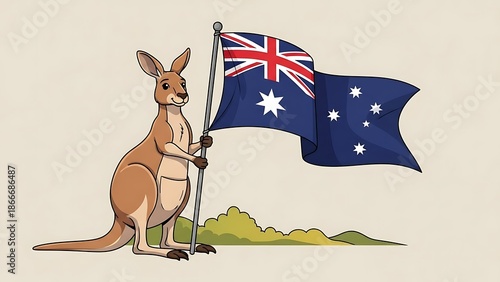 Kangaroo with Australian Flag: A proud kangaroo stands tall, holding the Australian flag, a symbol of national pride, on a clear background, celebrating the spirit of the nation.