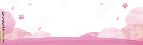 Watercolor Cherry Blossom Banner with Pink Flower Carpet. Spring Landscape Background