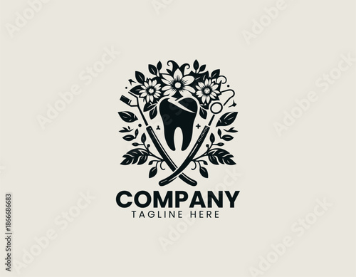 Black dental tooth logo is surrounded by floral elements minimal vector design