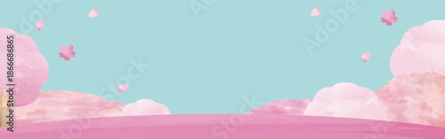 Watercolor Cherry Blossom Banner with Pink Flower Carpet. Spring Landscape Background