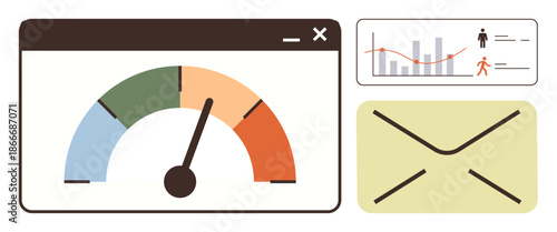 Business analytics, performance tracking, email communication, data analysis, digital marketing, user insights. Gauge measuring performance, chart showing data trends and email icon. Business
