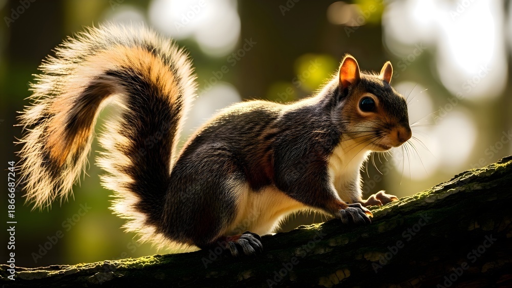 Obraz premium A cute, fluffy squirrel is sitting attentively on a thick, rugged tree branch in a forest, holding a nut or seed in its paws