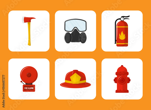 Six firefighter equipment. Axe, mask, fire extinguisher, fire hydrant, helmet, and fire alarm. flat design vector.
