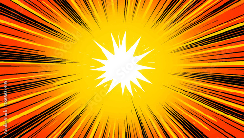 Vibrant abstract sunburst vector illustration featuring bright yellow and orange rays of light exploding from a glowing summer sun to create a warm energy design with a hot sunrise beam