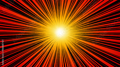 A vibrant red and orange sunburst background featuring bright yellow rays and a glowing star explosion creates a hot, energetic vector illustration design with a shining beam pattern