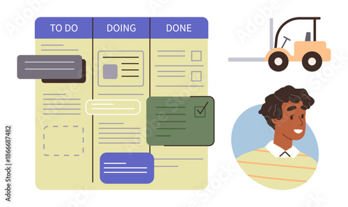 Productivity, collaboration, project organization, teamwork, task planning, logistics. A task management board with labeled columns, a forklift icon and a smiling person. Productivity
