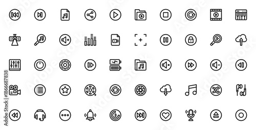Music and Video App icon set. Minimal linear UI icons pack. Includes symbols for play, pause, volume, search, upload, download, settings, and more. Editable vector illustration.