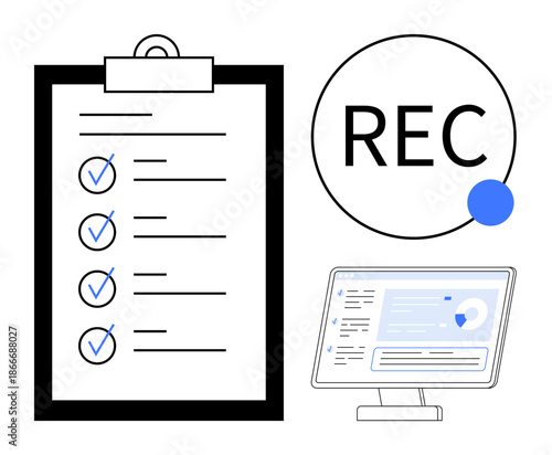 Task management, productivity tools, business records, digital checklists, data tracking, video recording. A clipboard checklist with checkmarks, REC icon and monitor with graphs. Task management