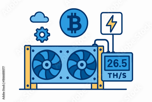 Bitcoin Mining Rig with Hashrate Display and Power Symbol.