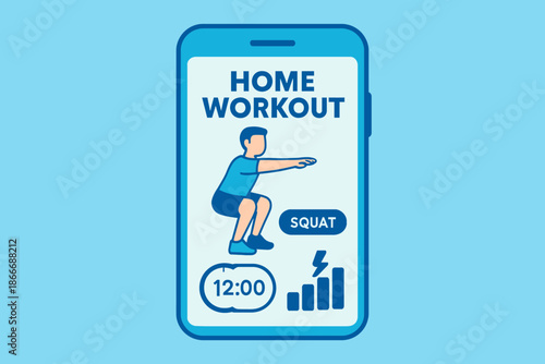 Home Workout App Interface with Squat Exercise Demonstration.
