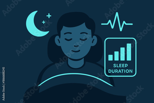 Illustration of a person sleeping soundly with sleep duration icon.