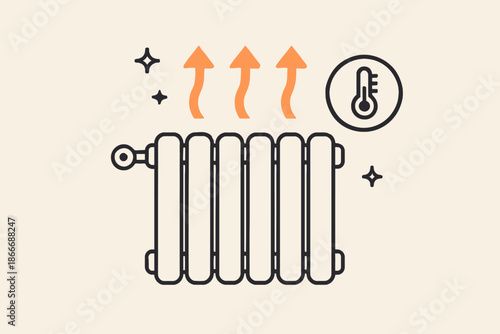 Illustration of a radiator with heat waves and a thermometer icon.
