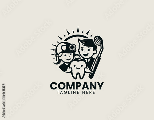 Black dental care logo is represented by smiling child tooth illustration friendly