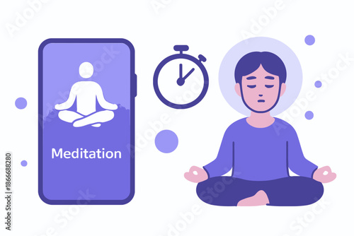 Meditation App and Person Meditating for Relaxation and Mindfulness.
