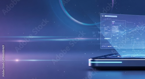 Futuristic interface projection on a sleek device with abstract data display