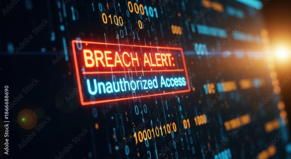 Obraz premium A computer screen displays a red 'Breach Alert: Unauthorized Access' message amid binary code, under bright light. Illustrates cybersecurity vulnerability and risk.