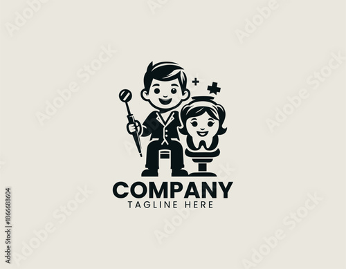 Black dental care logo is represented by smiling child tooth illustration friendly