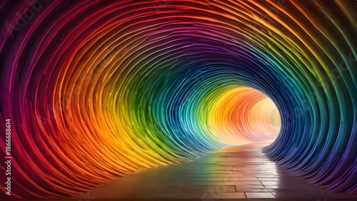 Vibrant, multicolored rainbow tunnel extends from the foreground over a classic tiled floor, with a bright, clear light source at the distant end