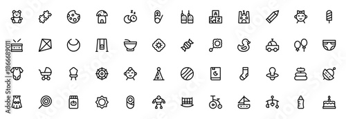 Baby icon set. Vector illustration. Baby_4500 collection. Includes teddy bear, stroller, pacifier, rattle, crib, diaper, baby clothes, bottle, cake and more. Editable stroke.