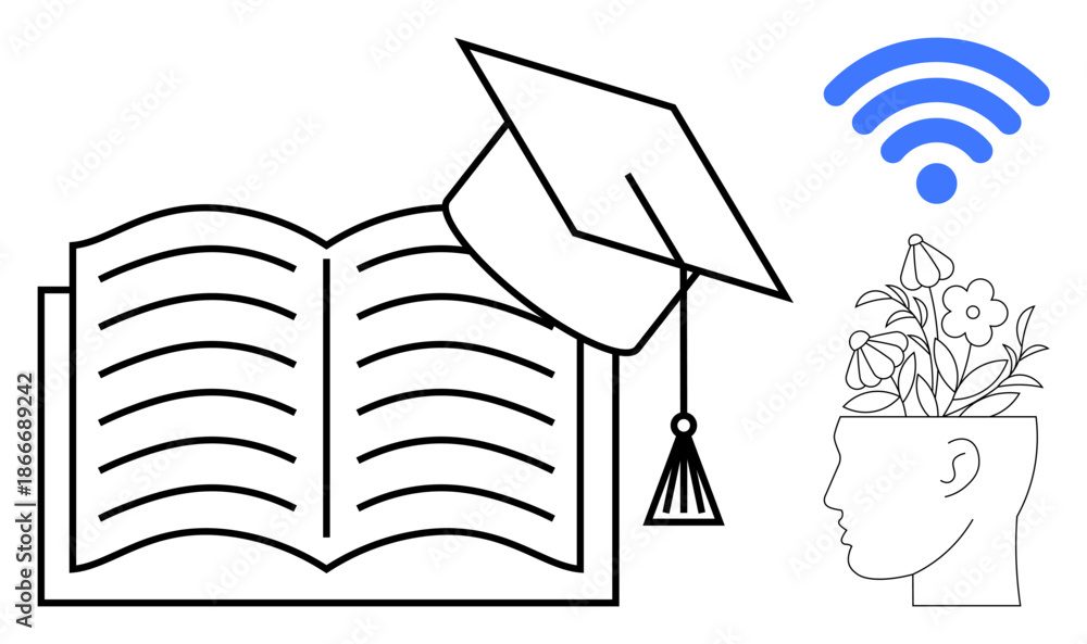 Naklejka premium Open book symbolizes education, graduation cap represents achievement, wireless conveys digital learning, head with flowers denotes growth and innovation. Ideal for e-learning, education, creativity