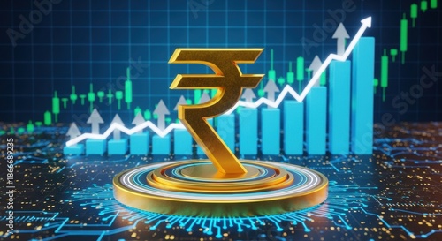 A gleaming golden rupee symbol sits atop a platform, set against a backdrop of a rising stock chart and a blue grid, symbolizing financial growth.