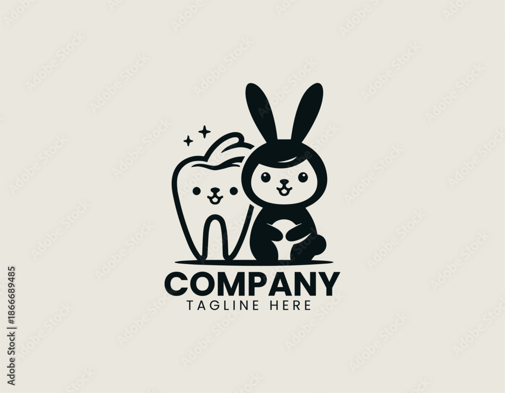 Fototapeta premium Cute bunny character is sitting beside smiling tooth mascot playful vector illustration