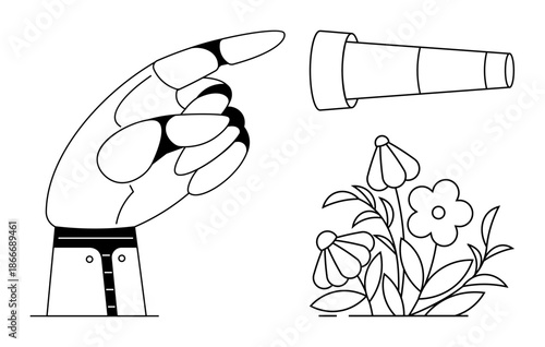 Exploration, curiosity, discovery, nature observation, creative thinking, guidance. Hand pointing at a telescope near flowers. Exploration and curiosity concept illustrated with nature and direction