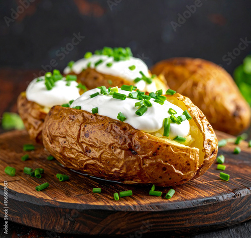 Baked potato with butter sour cream and chives 