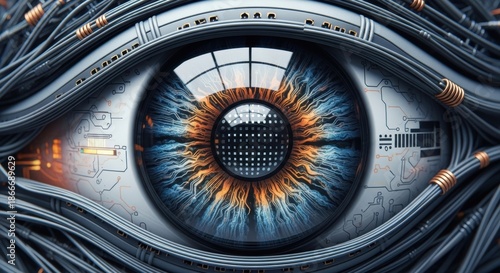 Close-up of a futuristic eye with intricate blue and orange iris, encompassed by a network of wires and circuits, emphasizing technology and artificial intelligence in a cybernetic environment.